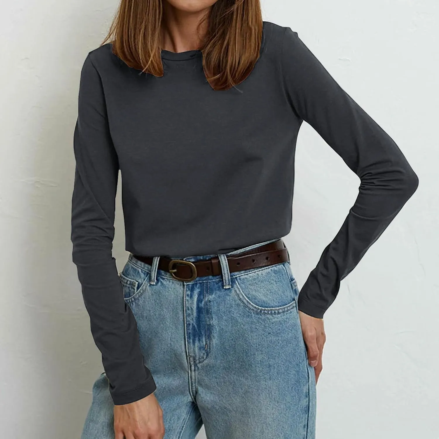 Womens Tunic Tops Casual Long Sleeve Round Neck Stretchy Loose Fit Palin Color Sweatshirt Pullover Shirts Fall 2024
