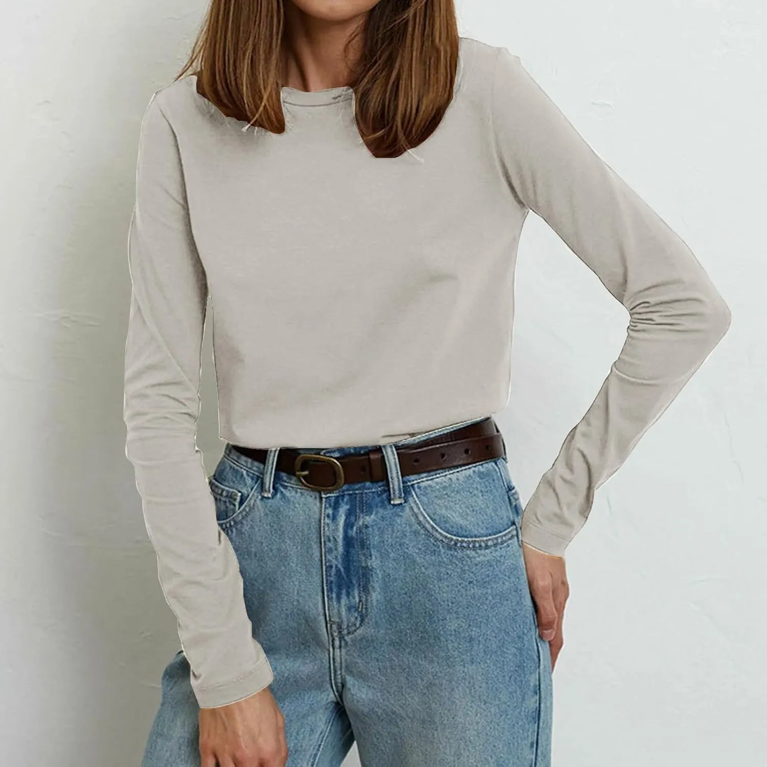 Womens Tunic Tops Casual Long Sleeve Round Neck Stretchy Loose Fit Palin Color Sweatshirt Pullover Shirts Fall 2024