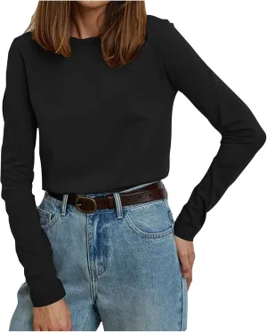 Womens Tunic Tops Casual Long Sleeve Round Neck Stretchy Loose Fit Palin Color Sweatshirt Pullover Shirts Fall 2024