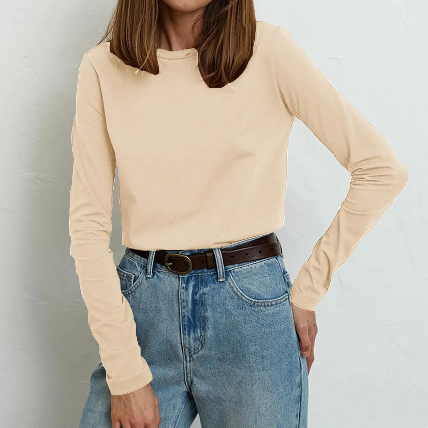 Womens Tunic Tops Casual Long Sleeve Round Neck Stretchy Loose Fit Palin Color Sweatshirt Pullover Shirts Fall 2024
