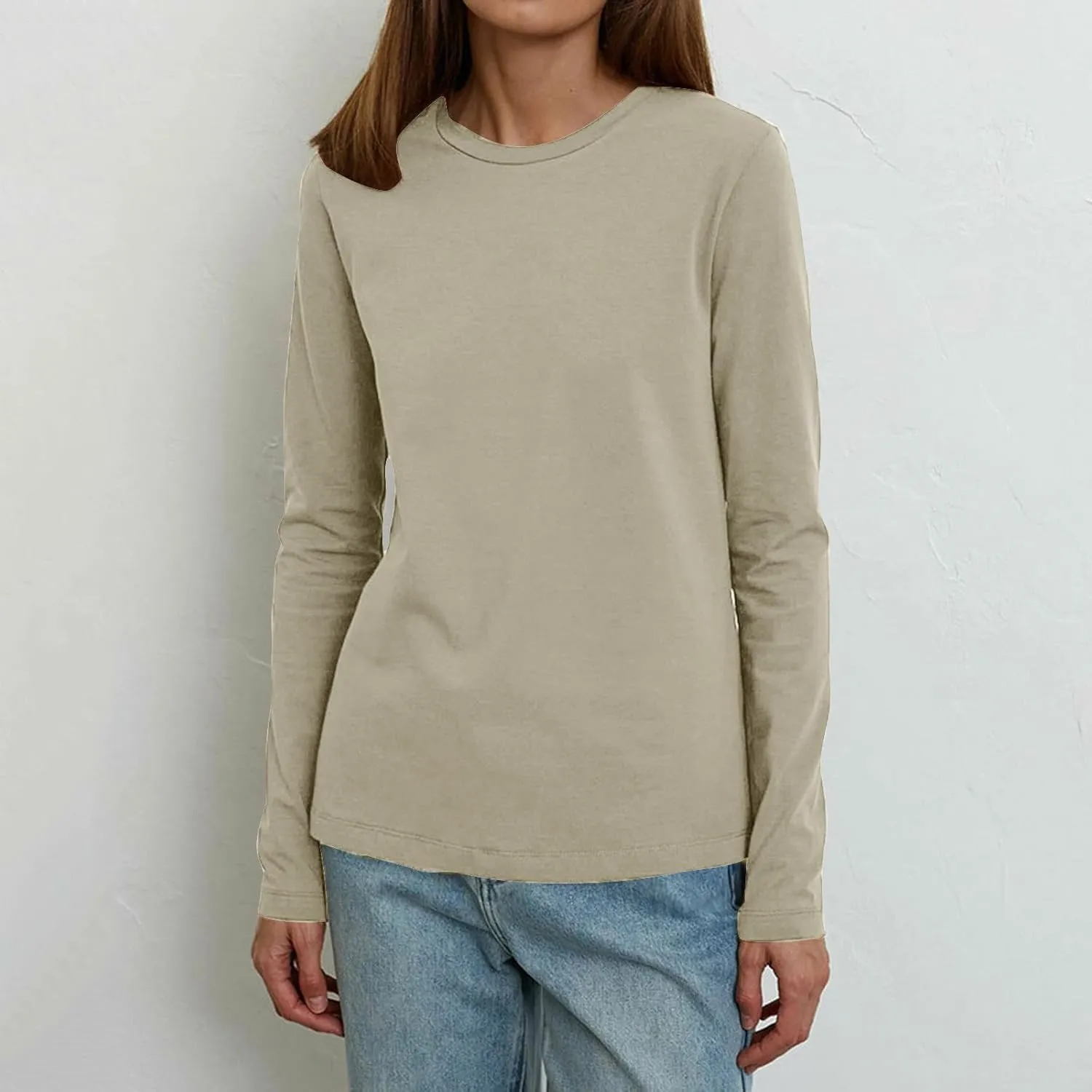 Womens Tunic Tops Casual Long Sleeve Round Neck Stretchy Loose Fit Palin Color Sweatshirt Pullover Shirts Fall 2024