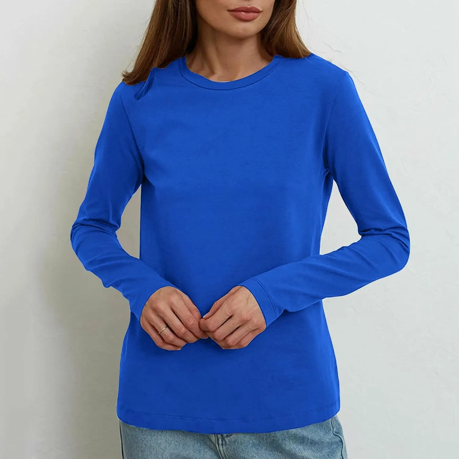 Womens Tunic Tops Casual Long Sleeve Round Neck Stretchy Loose Fit Palin Color Sweatshirt Pullover Shirts Fall 2024