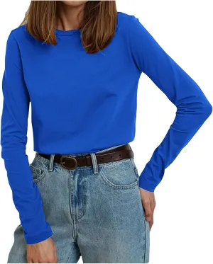 Womens Tunic Tops Casual Long Sleeve Round Neck Stretchy Loose Fit Palin Color Sweatshirt Pullover Shirts Fall 2024