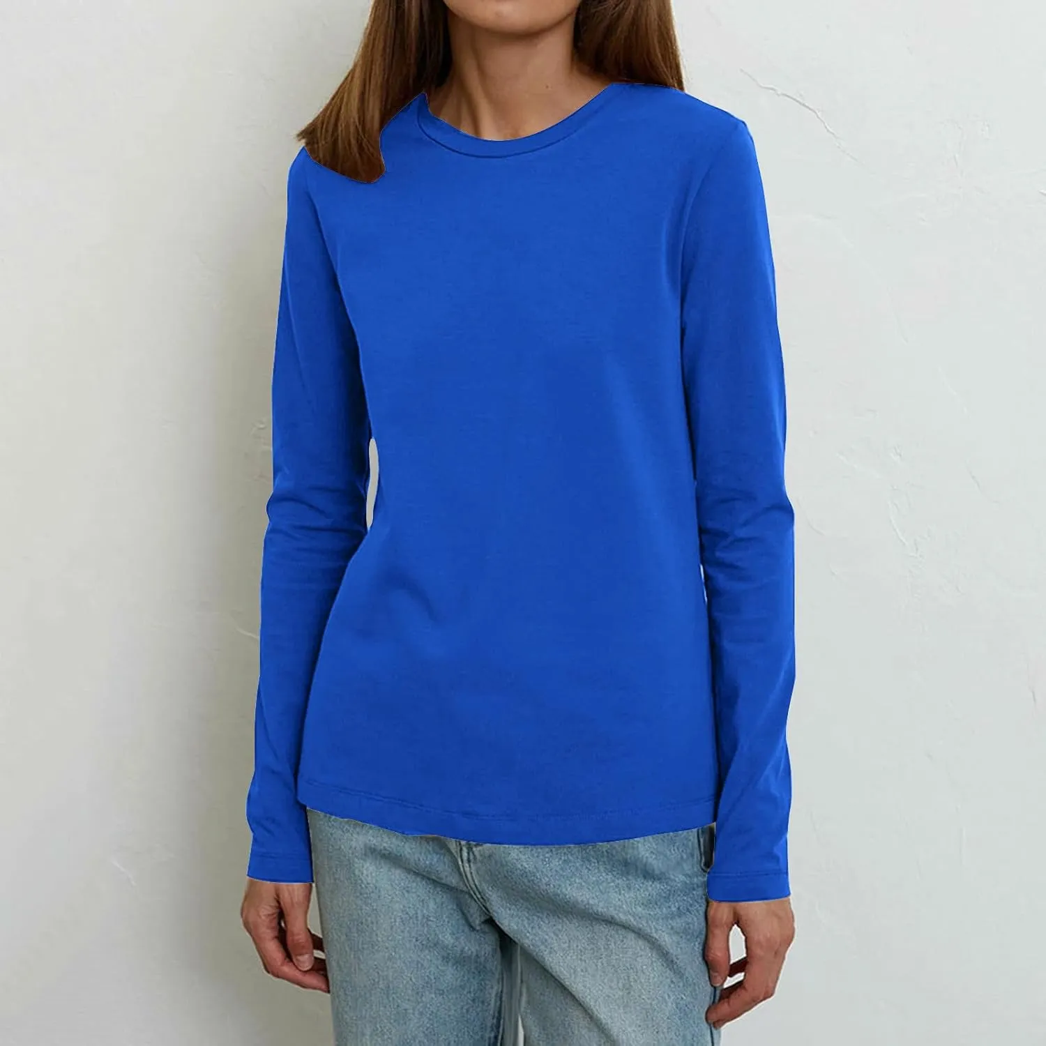 Womens Tunic Tops Casual Long Sleeve Round Neck Stretchy Loose Fit Palin Color Sweatshirt Pullover Shirts Fall 2024