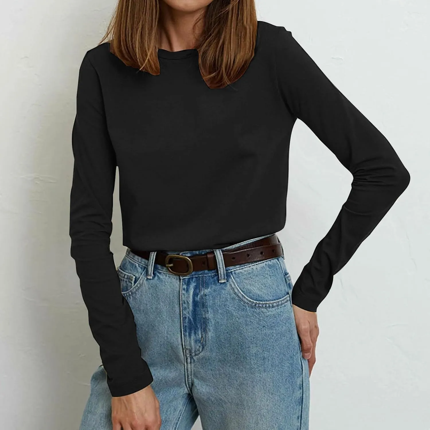 Womens Tunic Tops Casual Long Sleeve Round Neck Stretchy Loose Fit Palin Color Sweatshirt Pullover Shirts Fall 2024