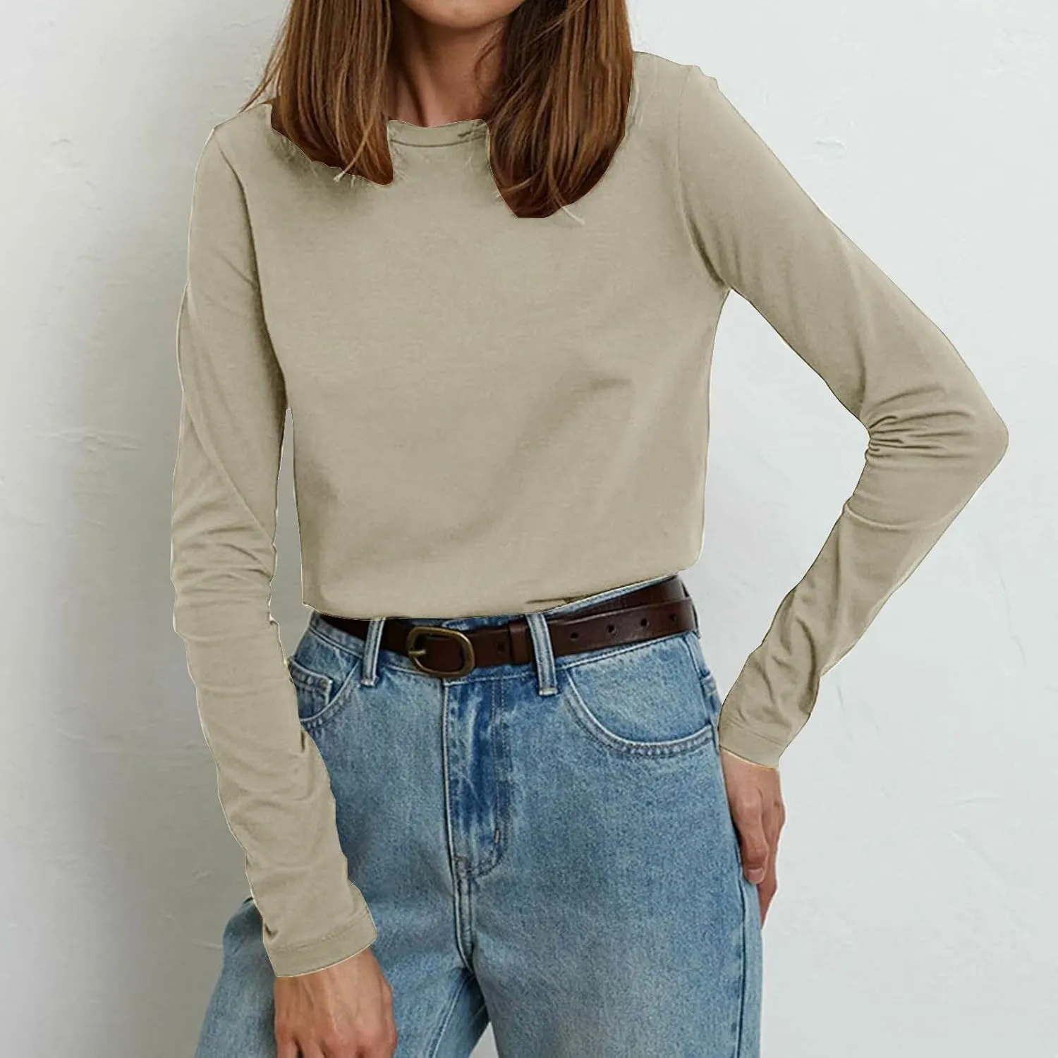 Womens Tunic Tops Casual Long Sleeve Round Neck Stretchy Loose Fit Palin Color Sweatshirt Pullover Shirts Fall 2024