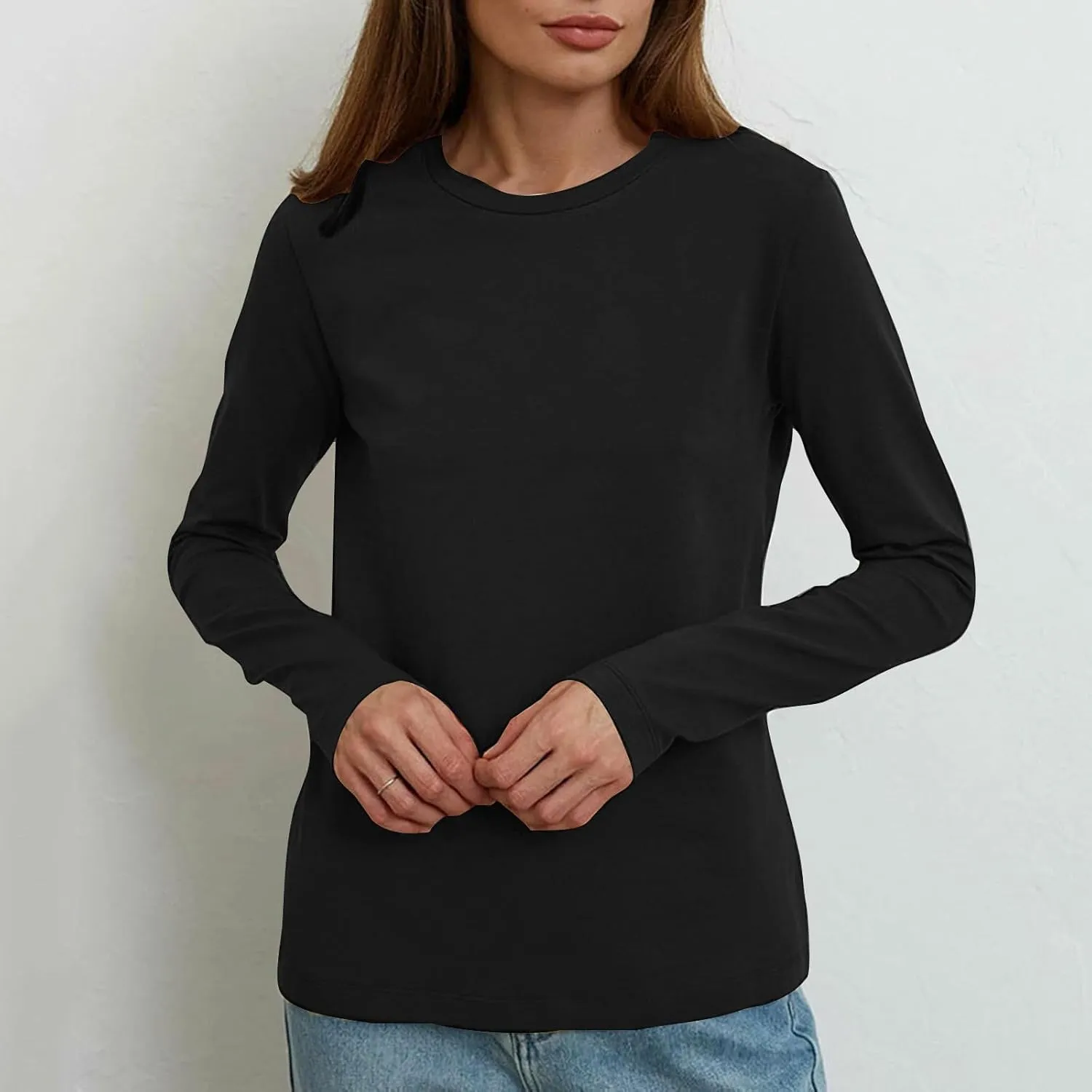 Womens Tunic Tops Casual Long Sleeve Round Neck Stretchy Loose Fit Palin Color Sweatshirt Pullover Shirts Fall 2024