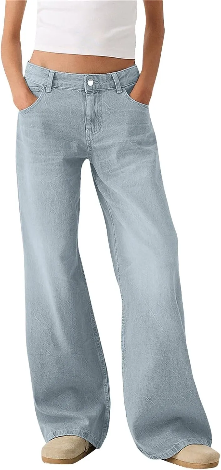 Womens Wide Leg Jeans Casual High Waisted Stretch Baggy Loose Denim Pants Trendy Relaxed Fit Sweatpants Y2k Streetwear