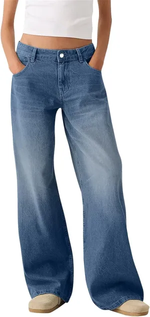 Womens Wide Leg Jeans Casual High Waisted Stretch Baggy Loose Denim Pants Trendy Relaxed Fit Sweatpants Y2k Streetwear