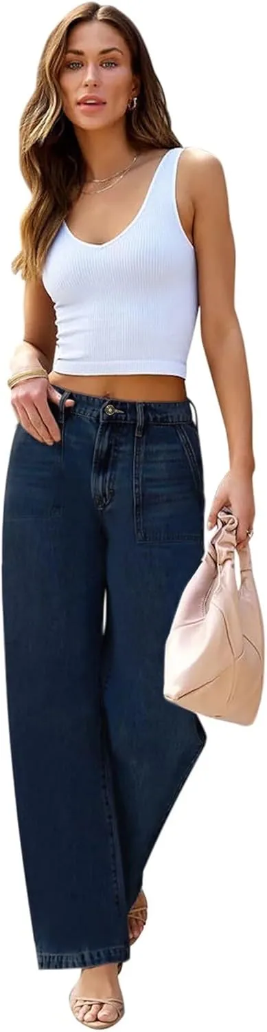 Womens Wide Leg Jeans High Waisted Carpenter Cargo Jeans Casual 90s Y2K Flap Pocket Straight Leg Jeans for Women