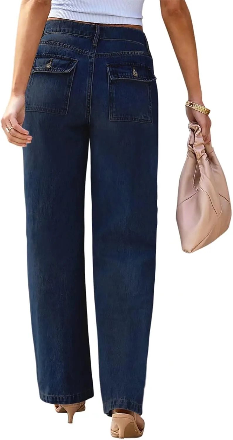 Womens Wide Leg Jeans High Waisted Carpenter Cargo Jeans Casual 90s Y2K Flap Pocket Straight Leg Jeans for Women