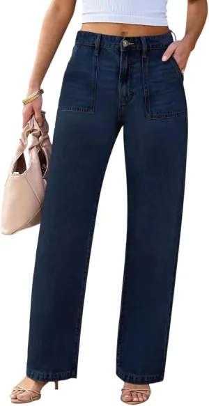 Womens Wide Leg Jeans High Waisted Carpenter Cargo Jeans Casual 90s Y2K Flap Pocket Straight Leg Jeans for Women