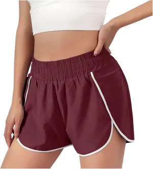 Womens Workout Running Shorts Solid Quick Dry Zipper Pocket Elastic Waisted V Leg Athletic Short Pants with Liner