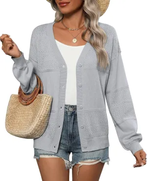 Zeagoo 2025 Womens Cardigan Casual Long Sleeve Lightweight Crochet Shrug V Neck Tops Button Down Soft Knit Sweater