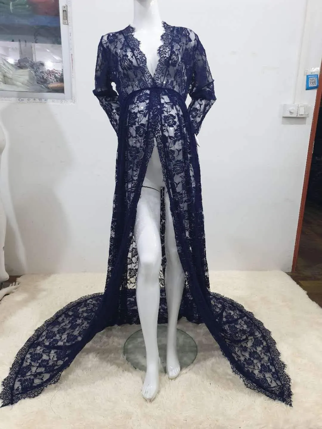 ZIUMUDY Maternity Deep V-Neck Split Front See-Through Maxi Lace Dress for Photography with Long Sleeve