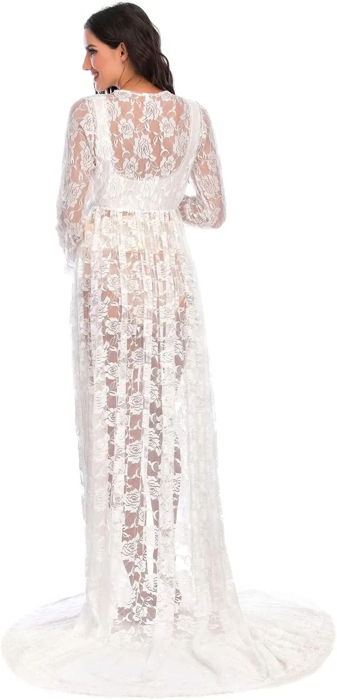 ZIUMUDY Maternity Deep V-Neck Split Front See-Through Maxi Lace Dress for Photography with Long Sleeve