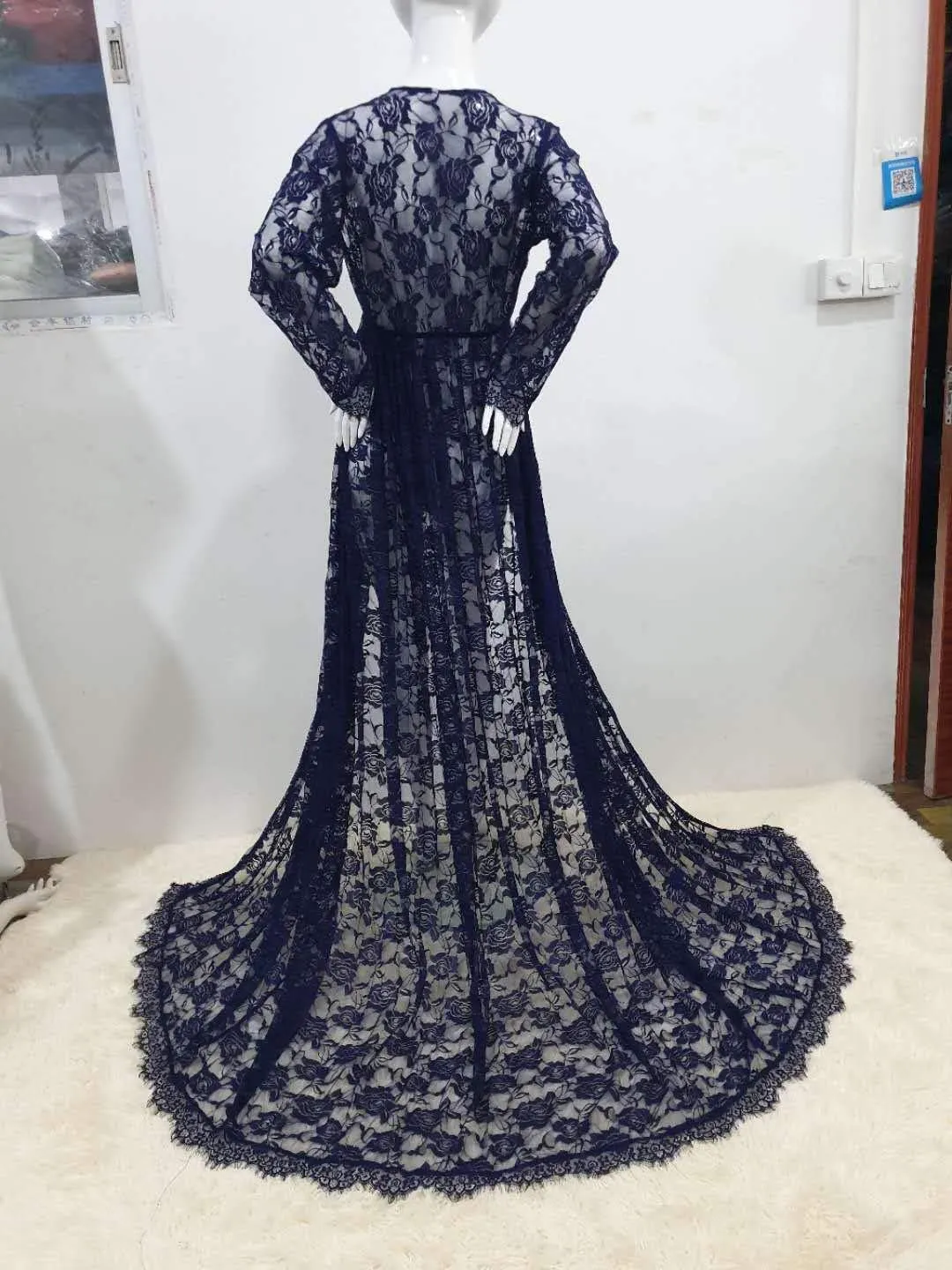 ZIUMUDY Maternity Deep V-Neck Split Front See-Through Maxi Lace Dress for Photography with Long Sleeve
