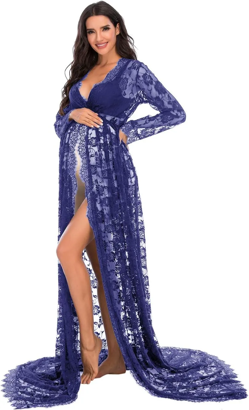 ZIUMUDY Maternity Deep V-Neck Split Front See-Through Maxi Lace Dress for Photography with Long Sleeve