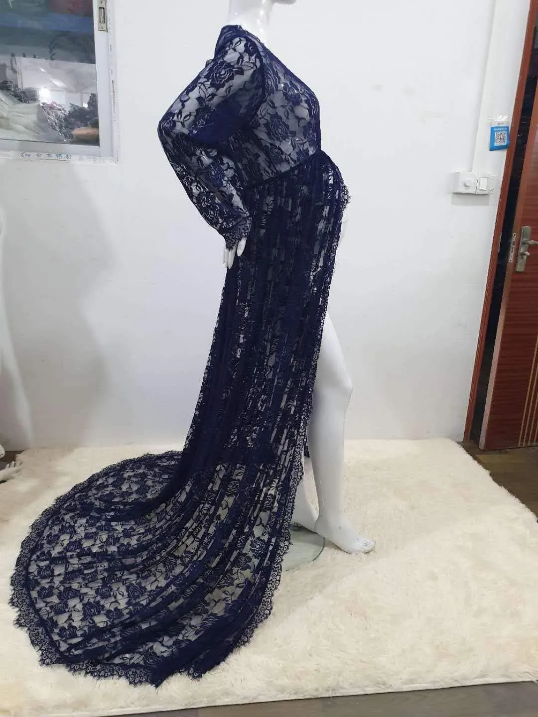 ZIUMUDY Maternity Deep V-Neck Split Front See-Through Maxi Lace Dress for Photography with Long Sleeve