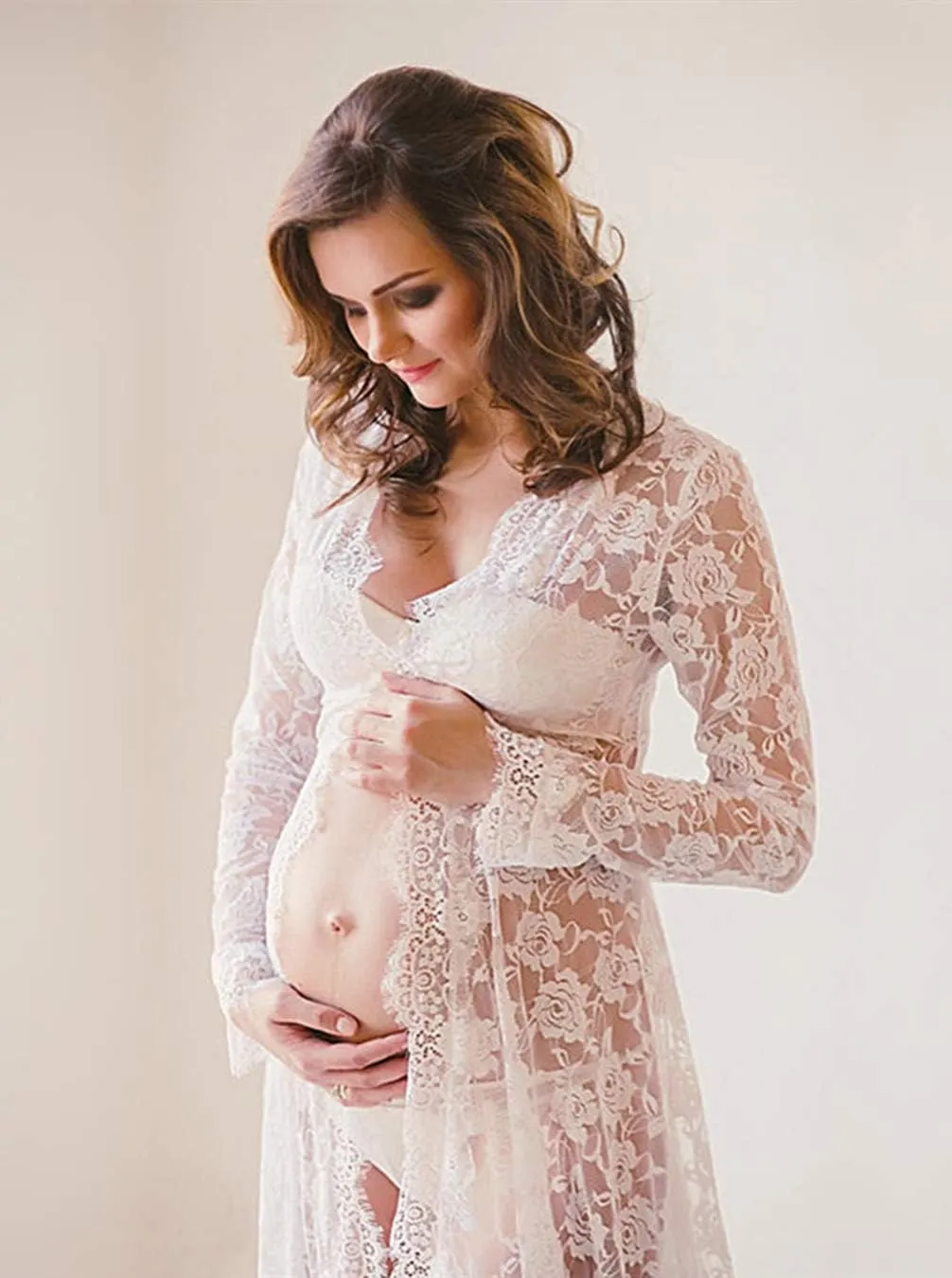 ZIUMUDY Maternity Deep V-Neck Split Front See-Through Maxi Lace Dress for Photography with Long Sleeve