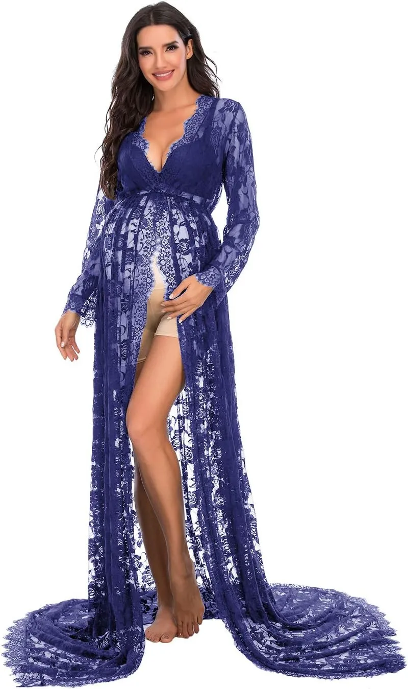 ZIUMUDY Maternity Deep V-Neck Split Front See-Through Maxi Lace Dress for Photography with Long Sleeve